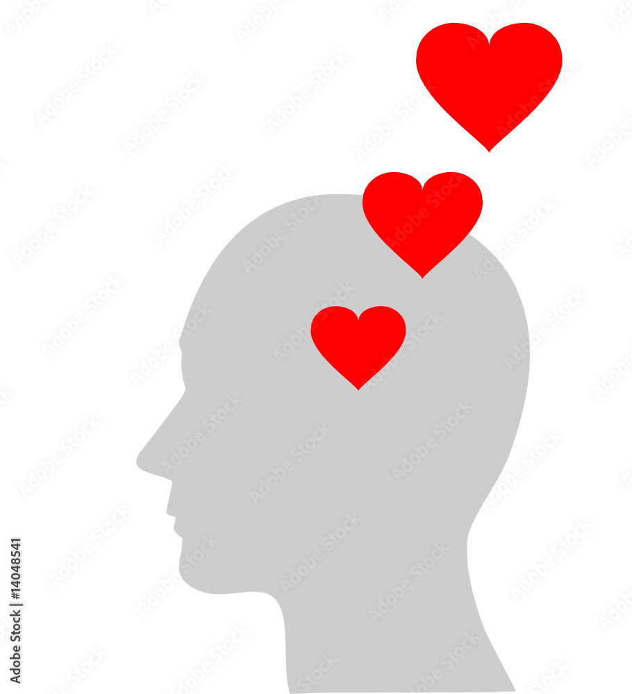 Illustration of red heart symbol in human head, vector