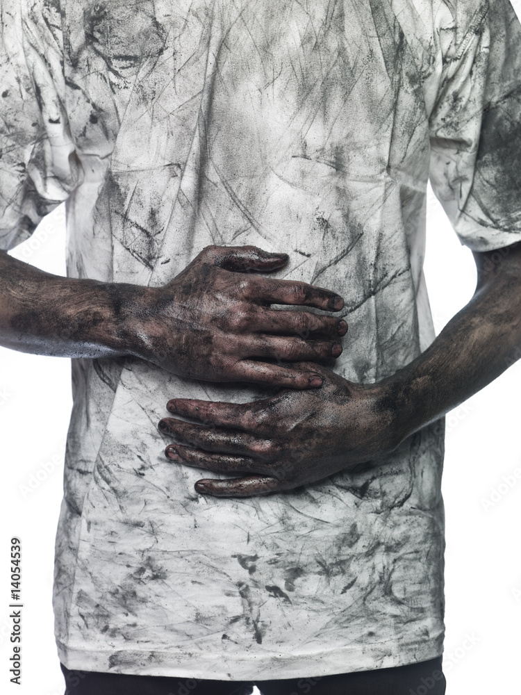 Dirty hands in front of a dirty shirt Dirty hands in front of a dirty shirt