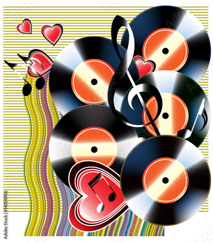 Vector background with the vinil discs and music notes photo