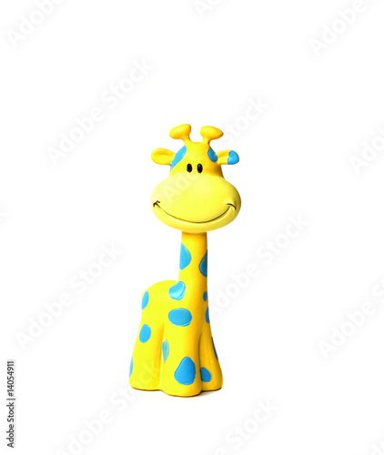 Colorful smiling toy giraffe with blue spots isolated on white