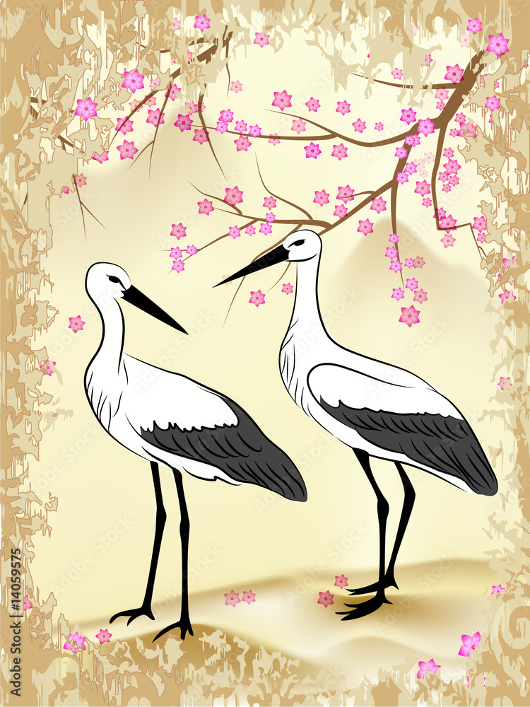 Naklejka premium Chinese style painting. Spring landscape with sakura and two storks in love. Valentine's Day.