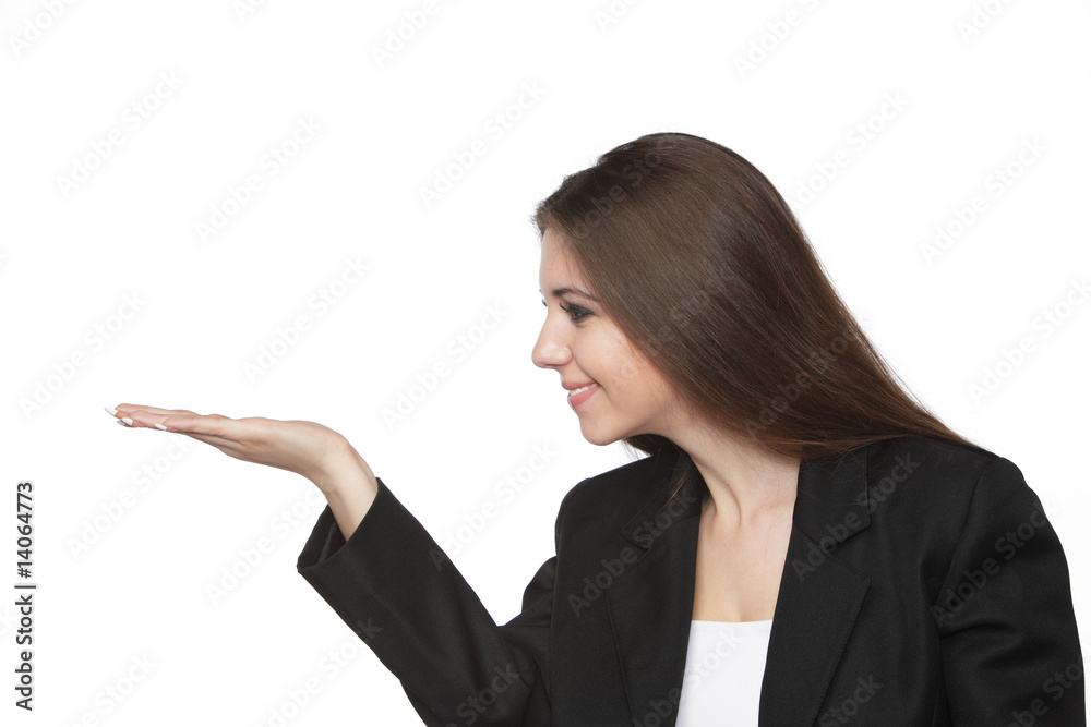 Business woman looking at her empty hand Business woman looking at her empty hand