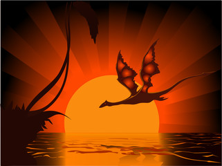 Fotobehang Draken Draak tegen gloeiende avondlucht  © Safevector
