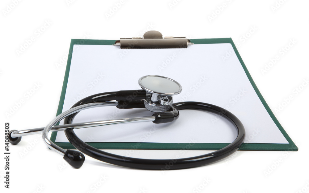 blank clipboard with stethoscope on white blank clipboard with stethoscope on white