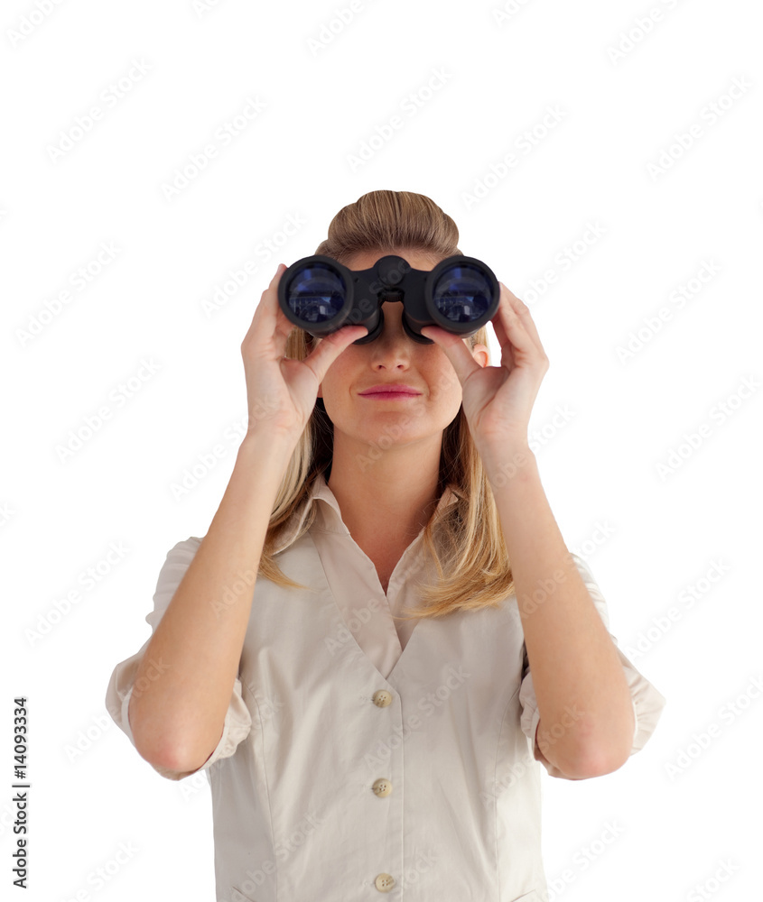 Young woman looking through binoculars