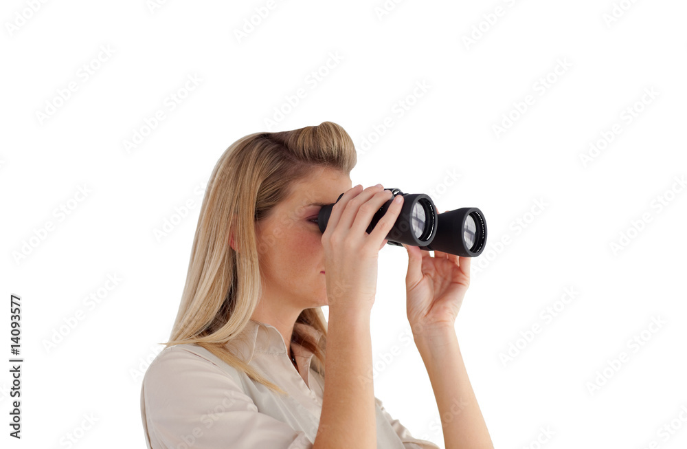 Young woman looking through binoculars Young woman looking through binoculars