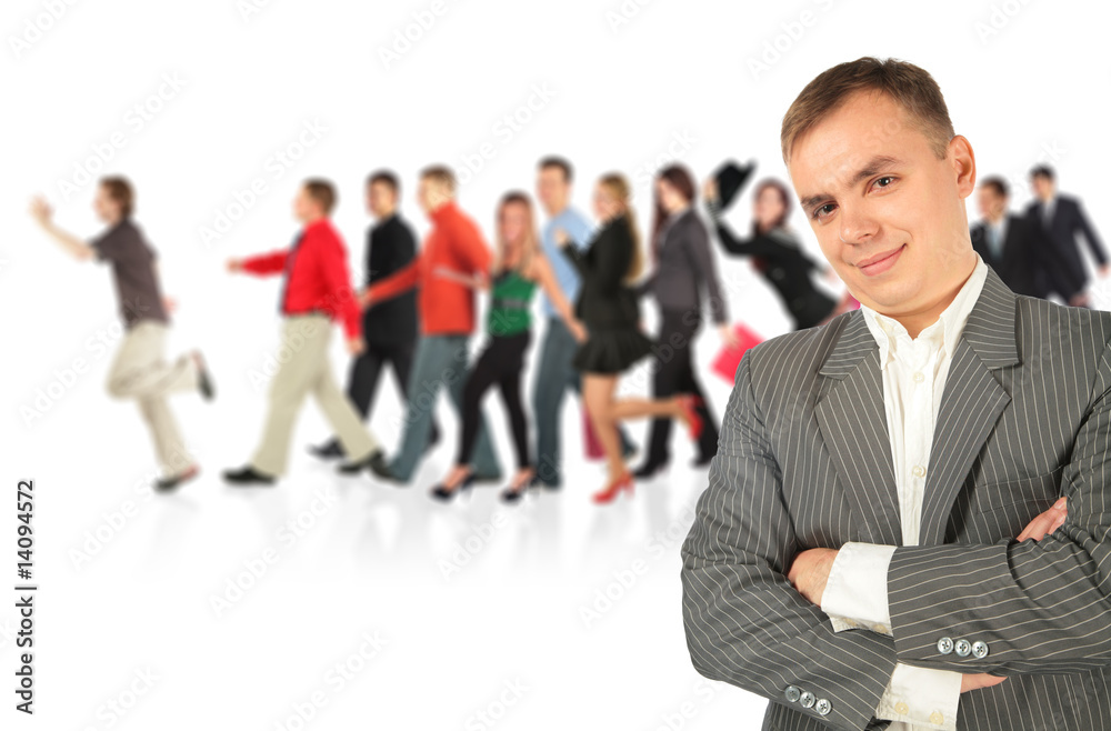 Young businessman in striped suit and walking group collage. Young businessman in striped suit and walking group collage.