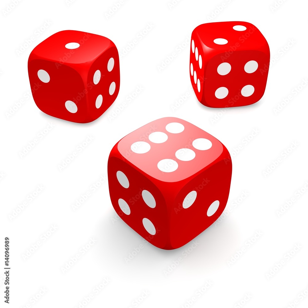 Three red dices isolated on white. 3d rendered illustration. Three red dices isolated on white. 3d rendered illustration.