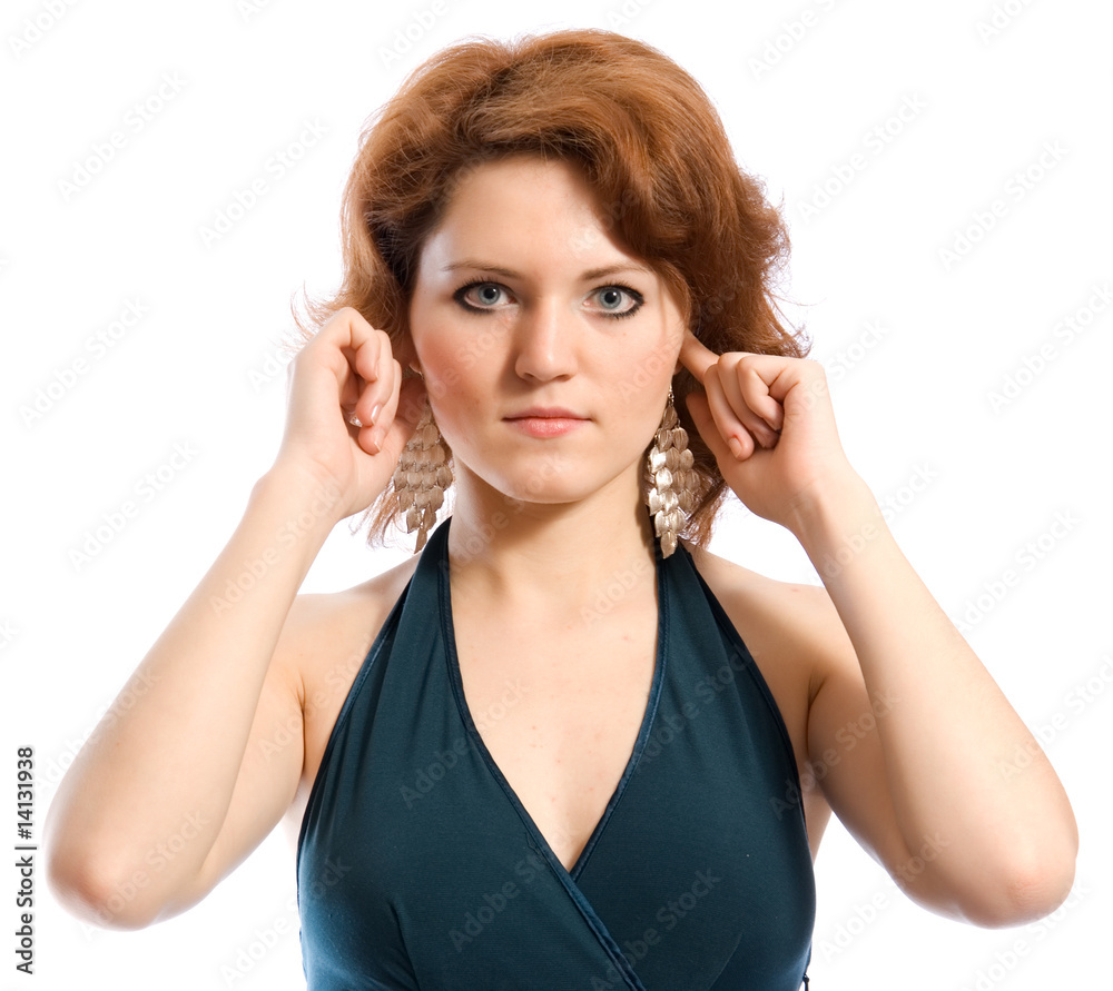 Hear nothing. Young woman covering her ears. Hear nothing. Young woman covering her ears.