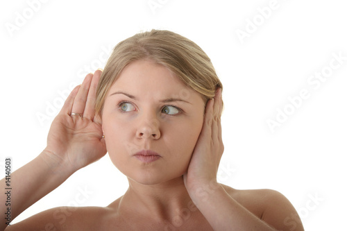 young blond woman listening gossip
