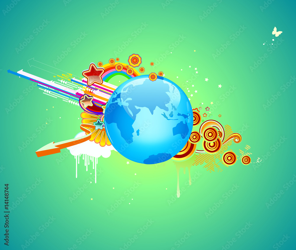 Naklejka premium abstract background with globe, flowers, arrows