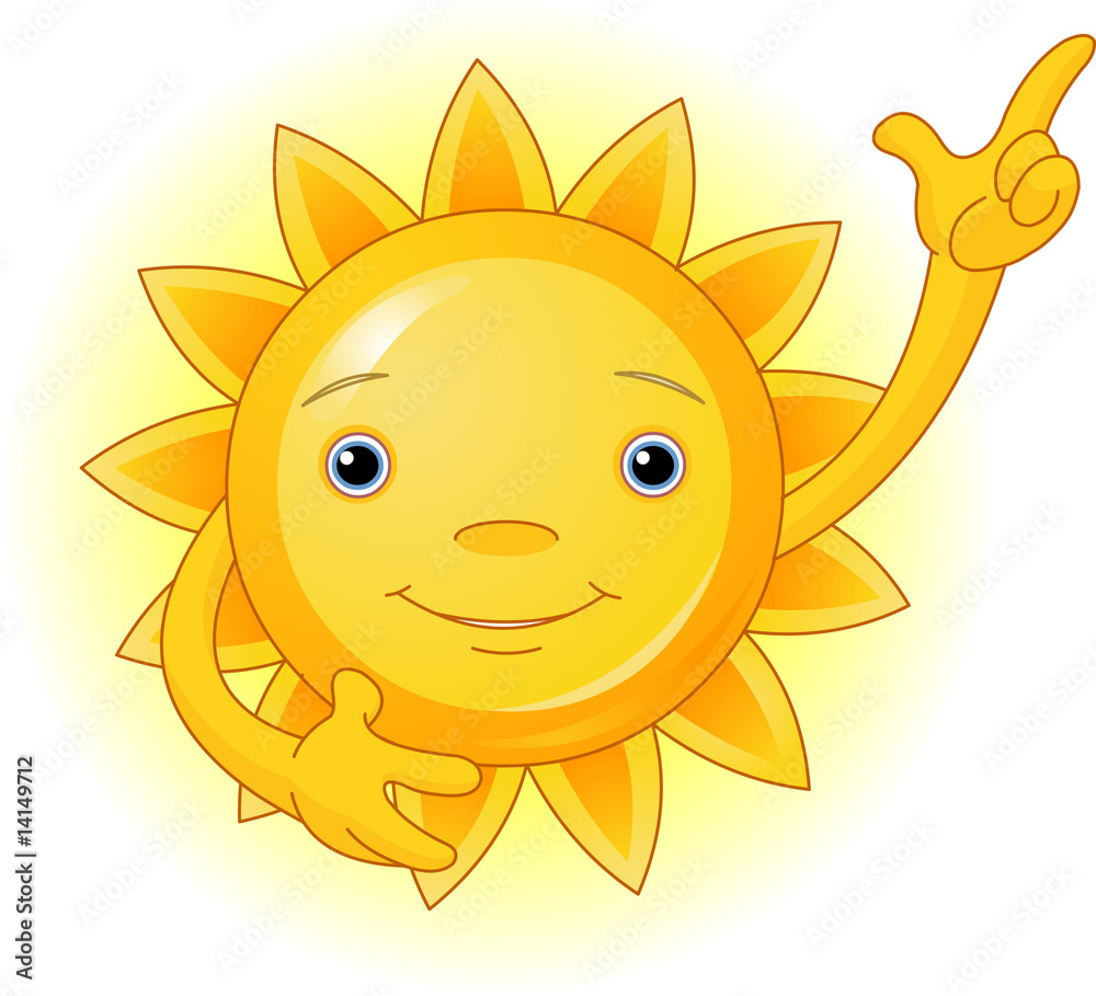 Cute smiling sun pointing to the top