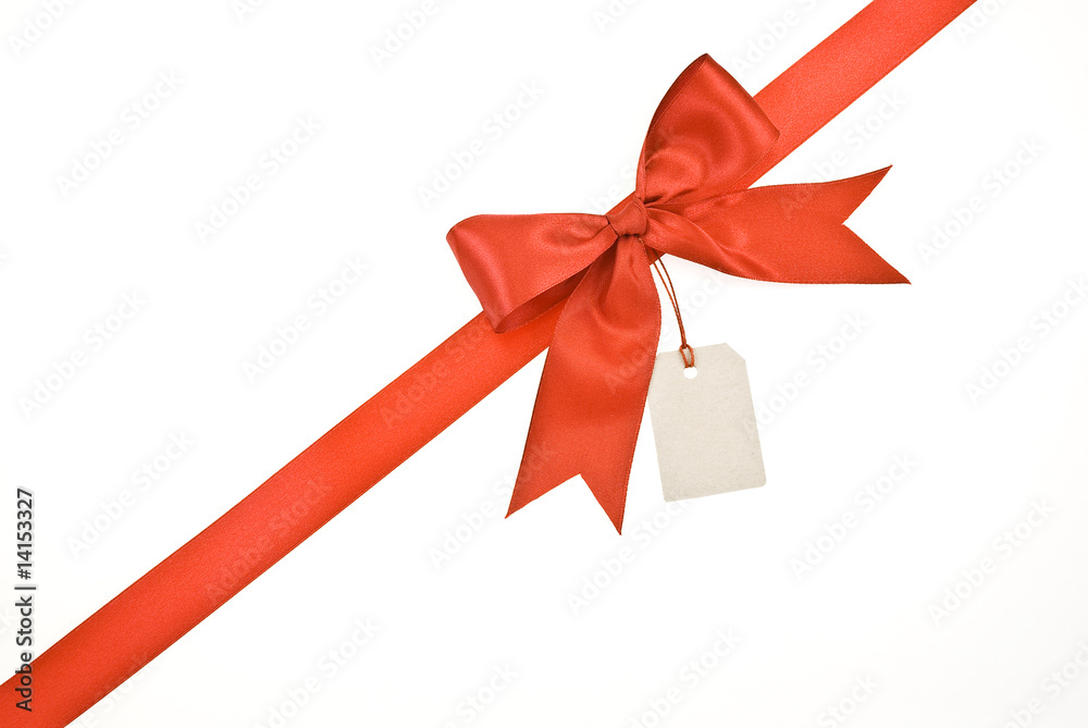 Red ribbon and bow with label isolated on white background Red ribbon and bow with label isolated on white background
