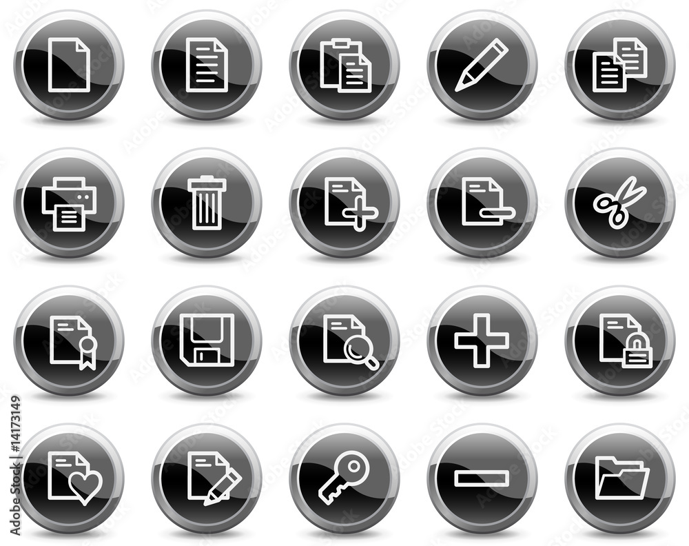 Document web icons, black glossy circle buttons series Document web icons, black glossy circle buttons series