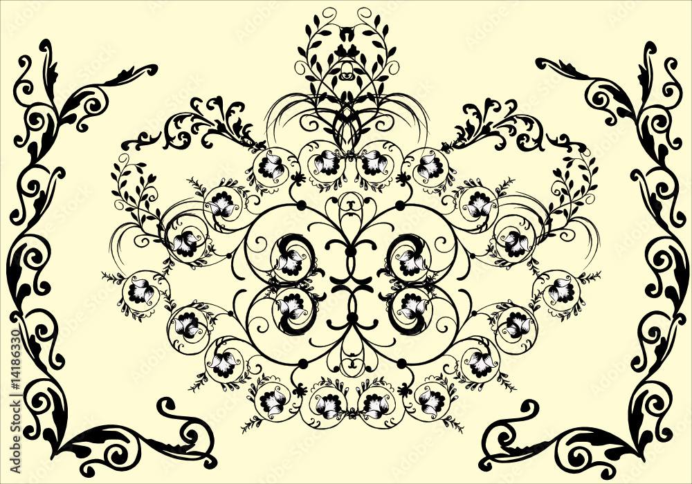 symmetric black design with flowers symmetric black design with flowers
