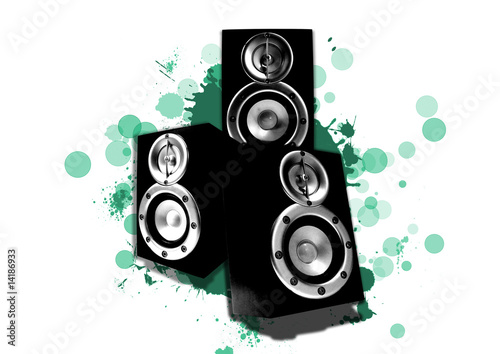 three loudspeaker with cyan circles and green splashes #14186933