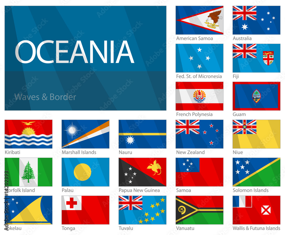 Waving Flags of Oceania Countries. Design WAVES & BORDERS.