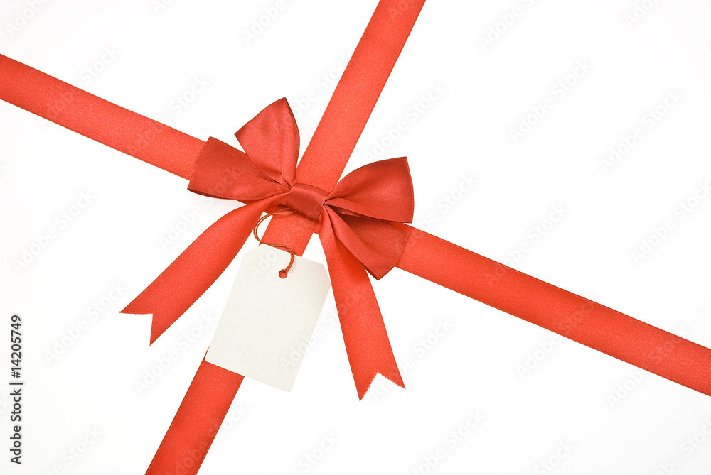 Red ribbon and bow with label isolated on white background Red ribbon and bow with label isolated on white background