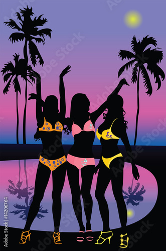 Silhouettes of young girls on the beach