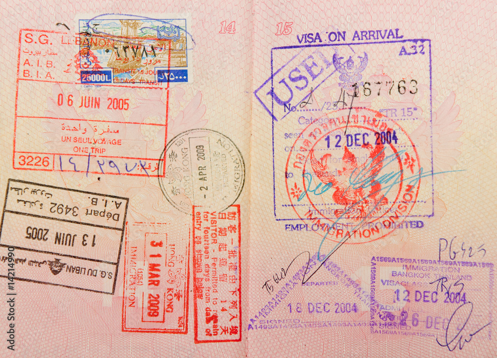 passport with thai and hongkong and lebanese stamps