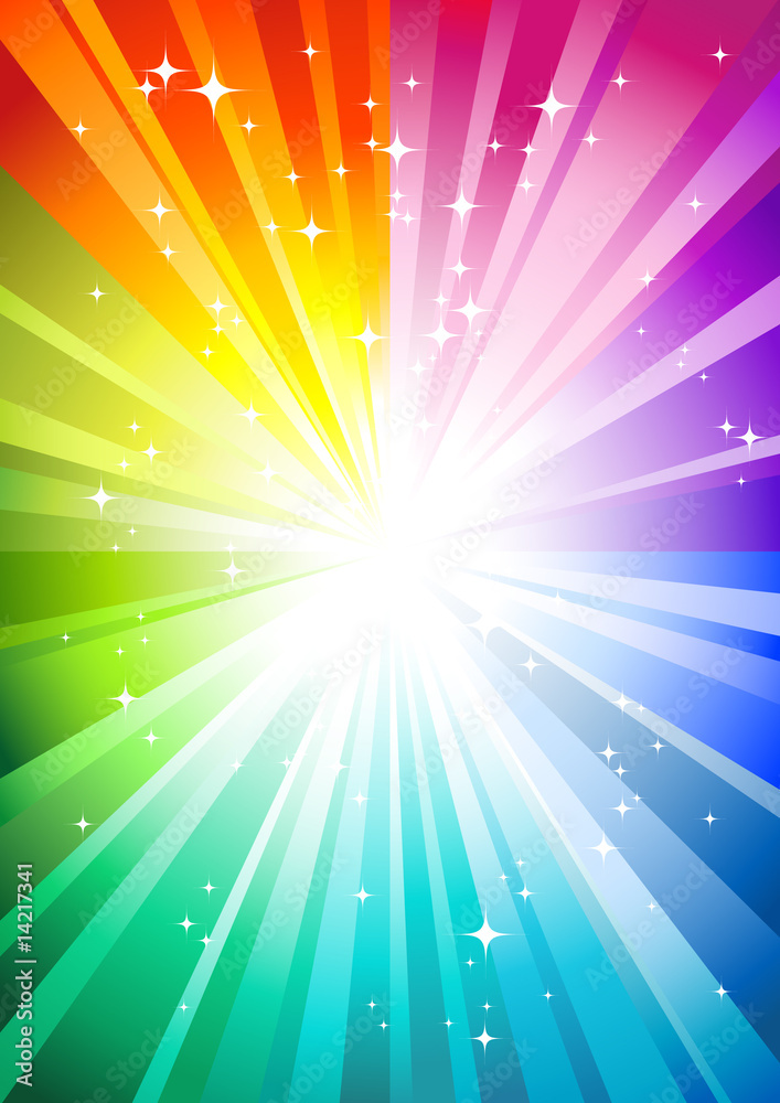 rainbow sunburst background with glittering stars