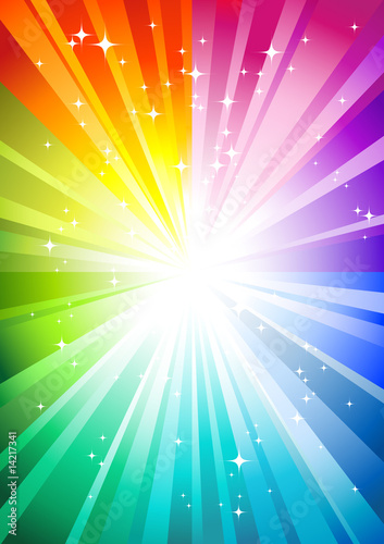 rainbow sunburst background with glittering stars