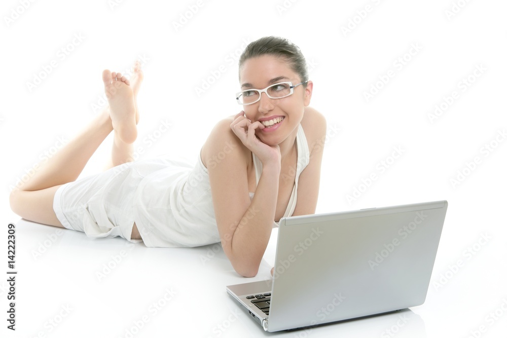 Beautiful woman on floor with laptop computer Beautiful woman on floor with laptop computer