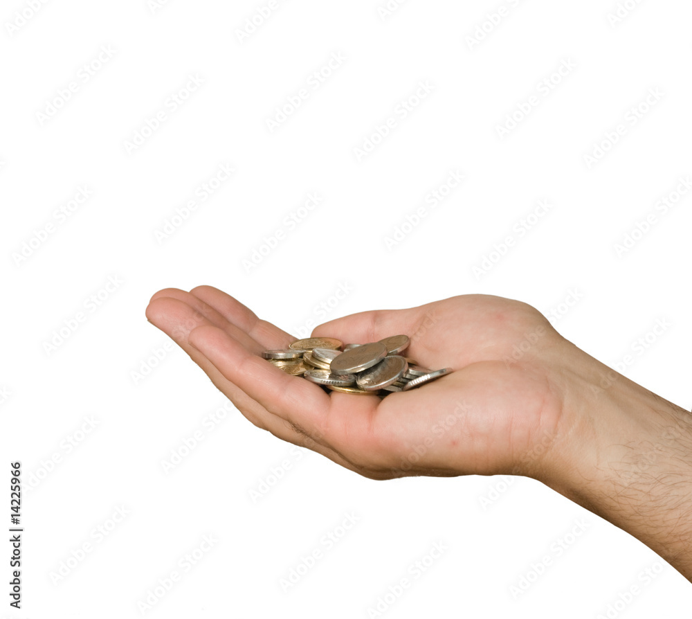Hand with coins isolated on white background Hand with coins isolated on white background
