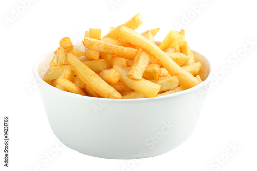 Bowl full of french fries isolated on white
