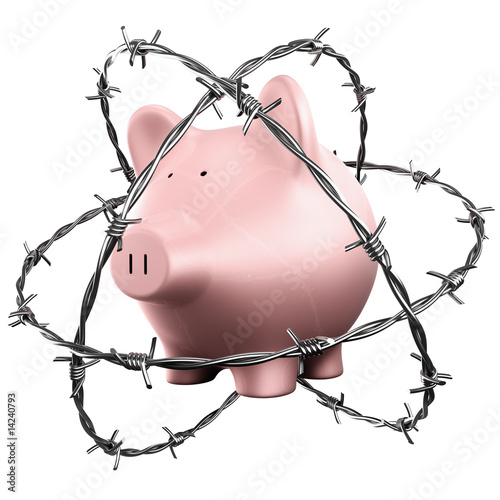 Piggybank wrapped in barbed...