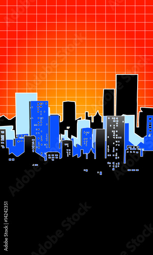 Cityscape buildings with grid on orange background