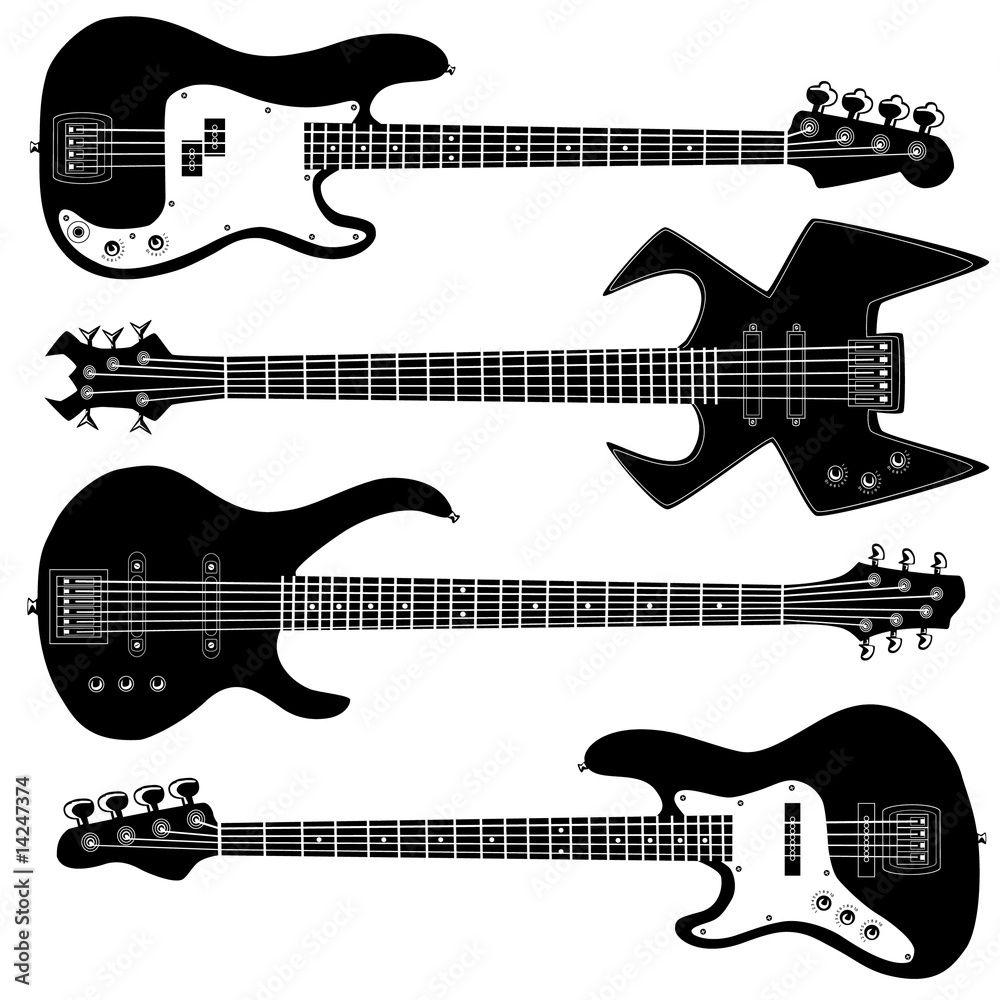 Obraz premium Bass guitars in detailed vector silhouette.