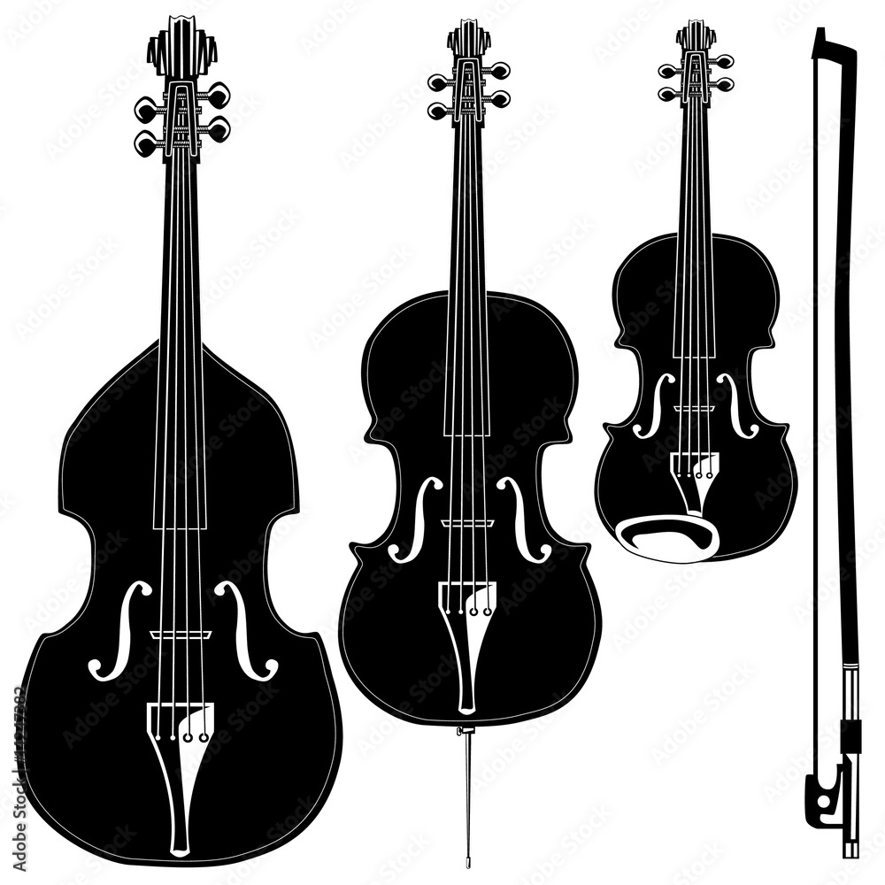 Naklejka premium Stringed instruments in detailed vector silhouette.