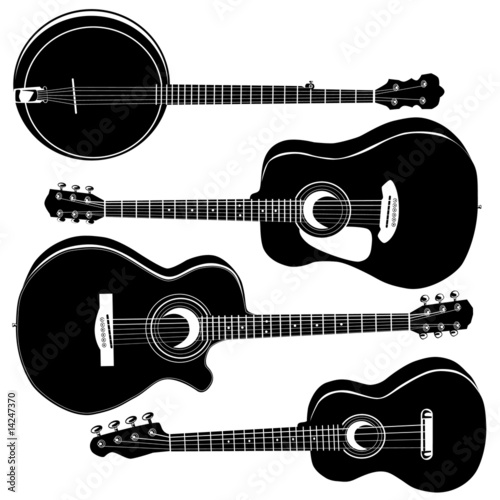 Acoustic guitars and banjo in detailed vector silhouette.
