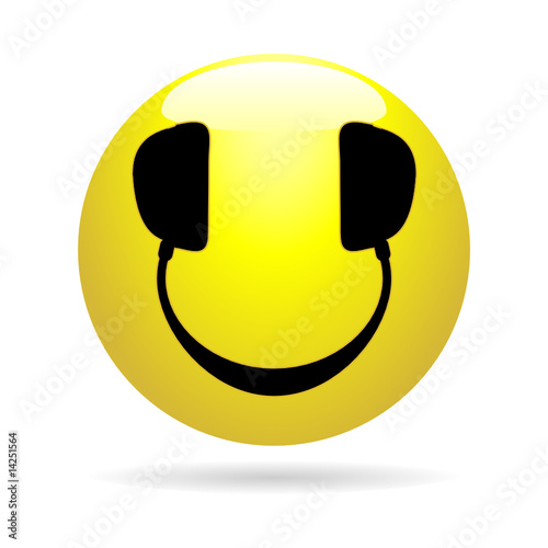 Glossy Smiley icon with headphones in place of eyes and mouth