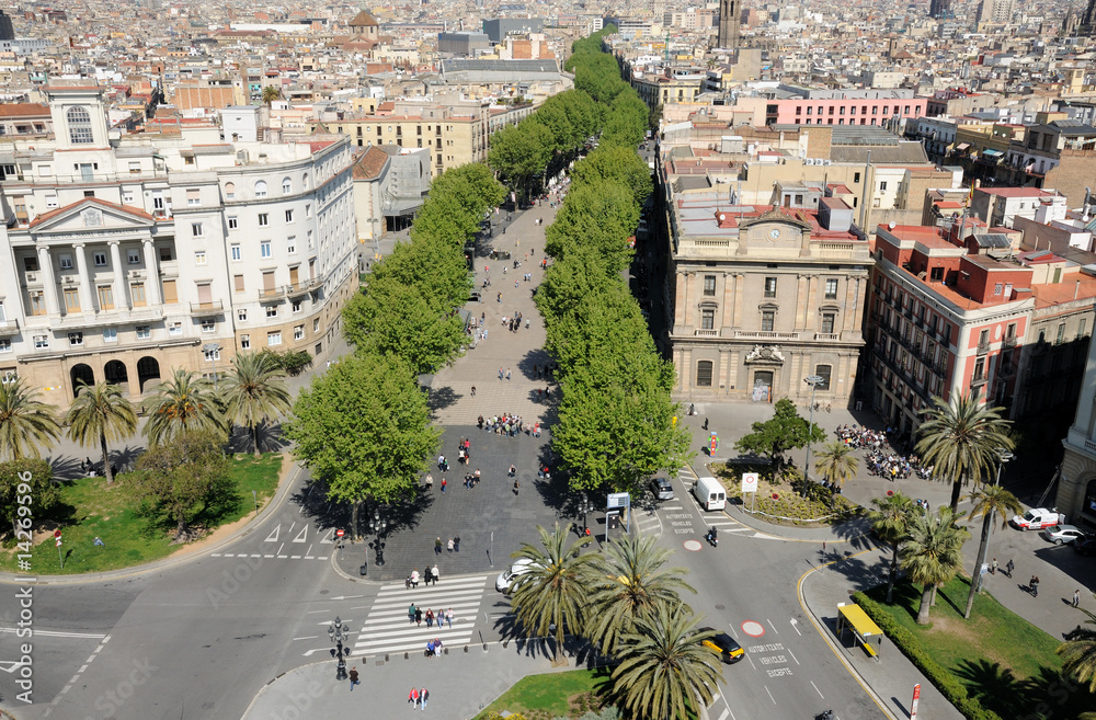 Fototapeta premium Aerial view over La Rambla in Barcelona, Spain