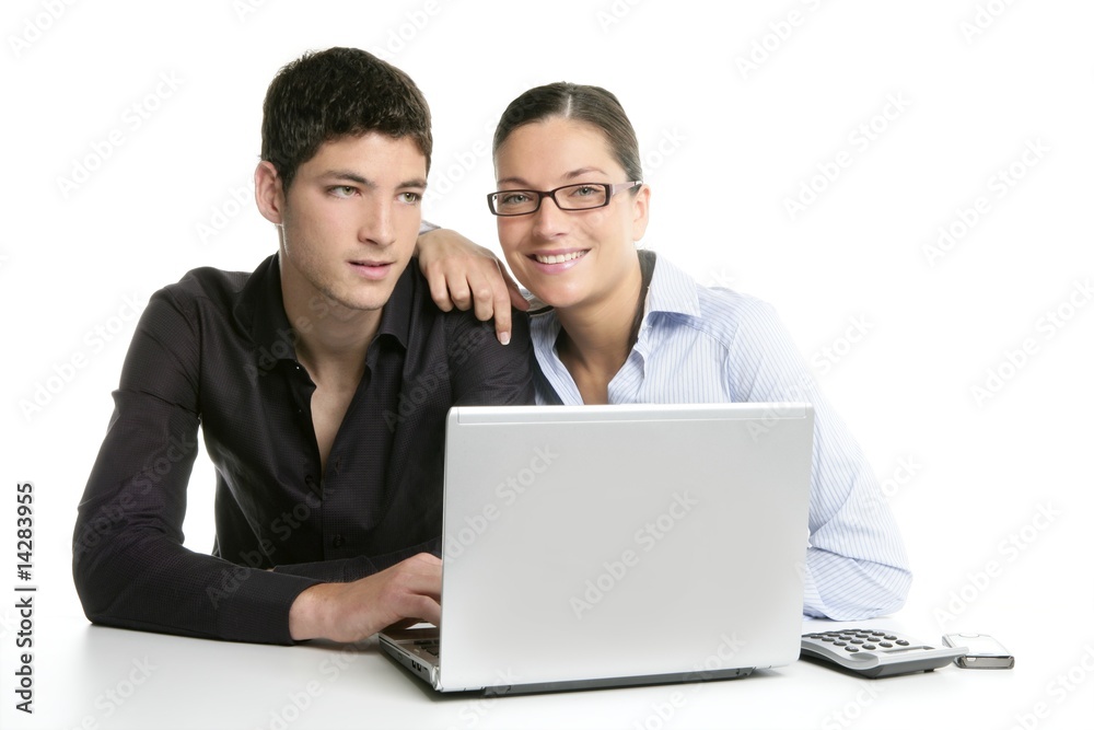 Young couple teamwork cooperation with laptop Young couple teamwork cooperation with laptop