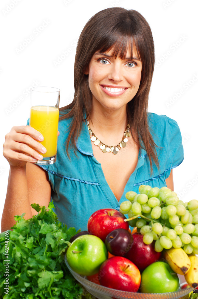 Woman, juice, vegetables and fruits Woman, juice, vegetables and fruits