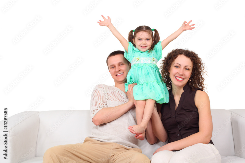 Father, mother and daughter on white leather sofa