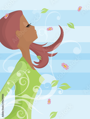 Illustration of a happy woman breathing in the springs wind