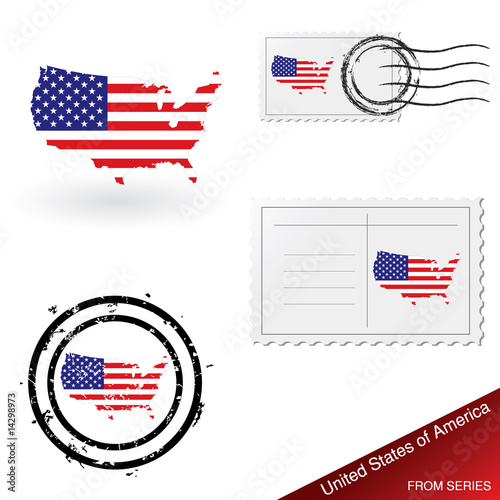 USA map, stamps and postcard set from series