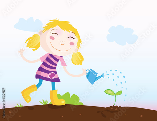 Small girl in Garden is watering plant. Vector Illustration.