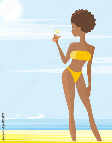 Illustration of attractive girl on the beach, drinking juice