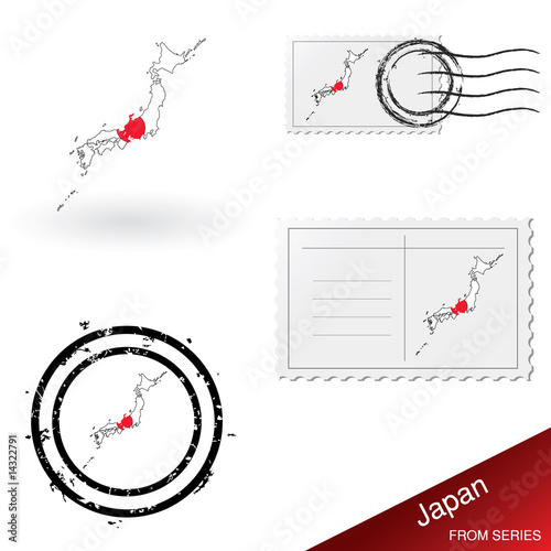 Japan map, stamps and postcard set from series