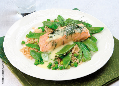 Boiled salmon with sugar-peas and rice