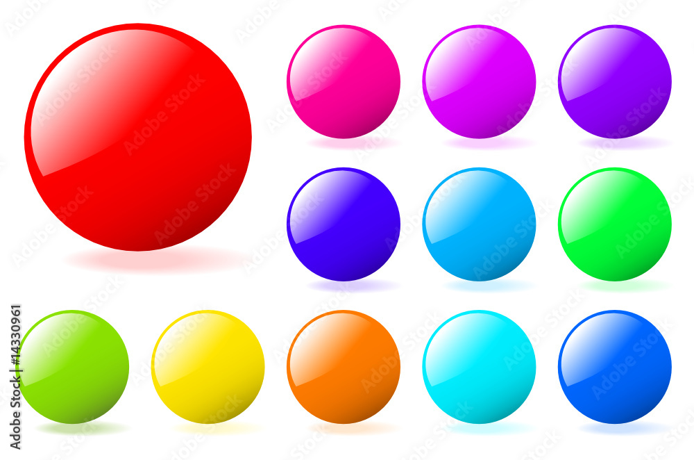 Set of multicolored glossy vector spheres with shadow.