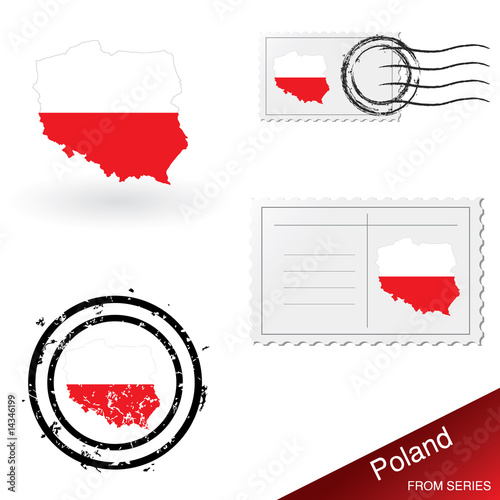 Poland map, stamps and postcard set from series