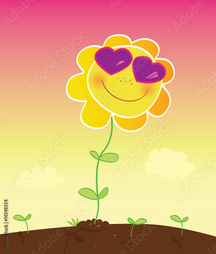 Summer love. Sunflower with pink sunglasses. Vector format.
