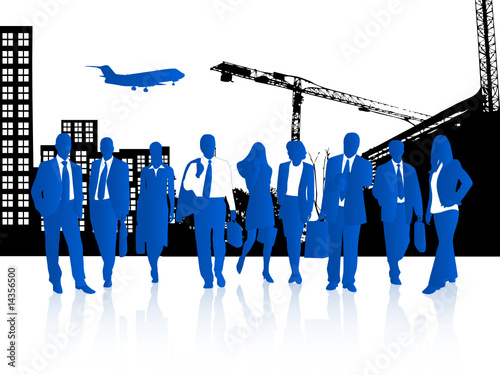 Illustration of business people and city
