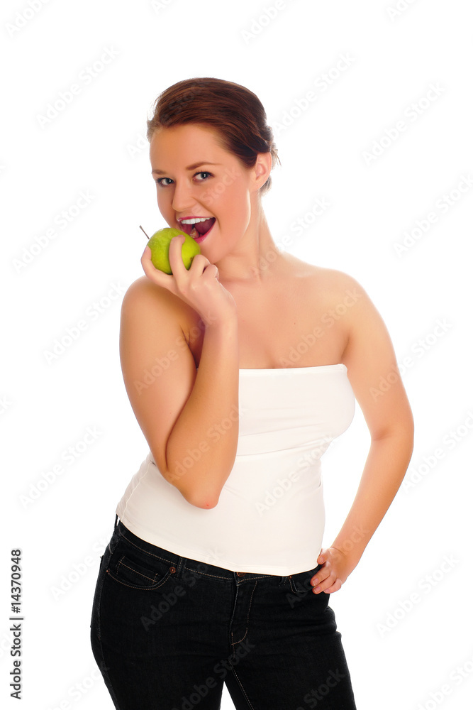 Young woman eating apple and smile over white background Young woman eating apple and smile over white background